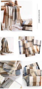 Detail view of colorful plaid scarves showing soft texture and fringe tassels