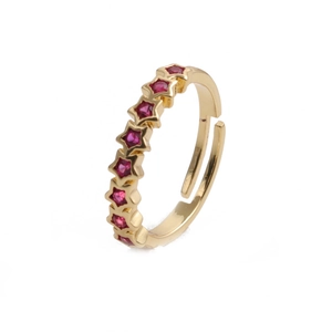 Gold open ring featuring a row of vibrant red star-shaped zircon stones on white background