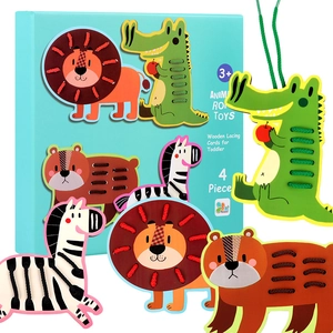Wooden animal lacing cards for toddlers, 4-piece educational threading toy set
