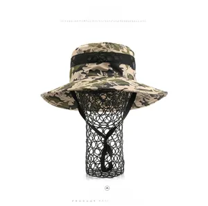 Detail of wide brim camouflage boonie hat with breathable mesh and adjustable chin strap