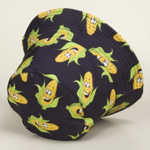Outdoor sun protection bucket hat with cute cartoon corn pattern on black fabric