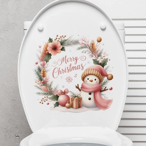 Autocollant de couvercle de toilette amovible avec bonhomme de neige rose et couronne de Noël