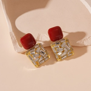 Vintage red acrylic geometric square stud earrings with gold plating and rhinestones