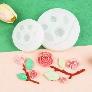 Silicone flower and leaf molds with pink rose and green branch resin crafts