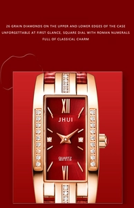 Detail of red square quartz watch featuring gold casing and 26 grain diamonds