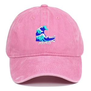 Pink washed cotton baseball cap featuring vintage wave embroidery and Japanese text