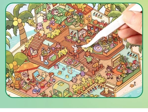 Close-up of tweezers placing a bunny sticker into a detailed DIY miniature house scenery