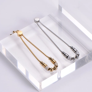 Adjustable stainless steel box chain bracelet with sparkling crystal beads and sliders