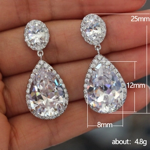 Elegant silver teardrop zircon earrings with halo stones 25mm drop length