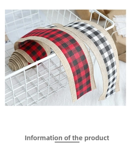 Detail of red and white plaid burlap ribbons in a white metal basket for gift wrapping