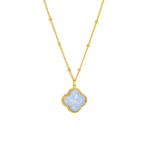 Minimalist gold stainless steel necklace featuring a light blue clover pearl pendant