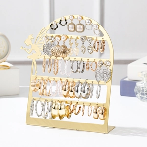 Golden foldable 5-tier metal earring organizer stand with elegant fairy silhouette