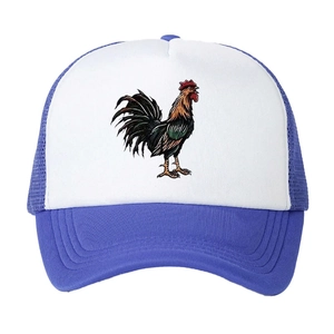 Blue and white trucker hat featuring a colorful rooster print and breathable mesh back