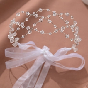 Handmade crystal beaded headband with mesh structure and white organza bow tie for bridal hair