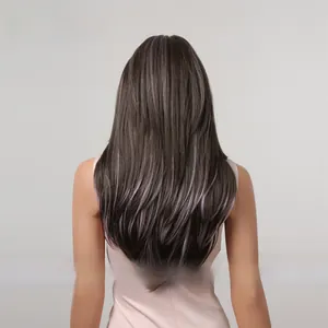 Detail view of long straight brown wig with lavender highlights and V-shaped cut
