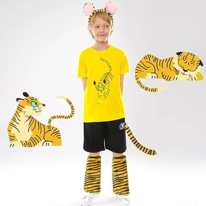 Detailed tiger costume set with printed shirt, shorts, tail, and faux fur leg warmers