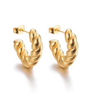Detailed close-up of 18K gold plated stainless steel twisted croissant hoop earrings
