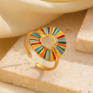 Golden stainless steel hollow round ring with vibrant colorful enamel stripes and open design