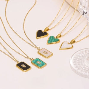 Heart Rectangle Pendant Necklace French Style Titanium Steel 18K Gold Plated Shell Malachite Zircon Jewelry For Women