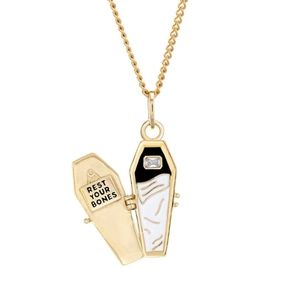 Gothic 18K gold plated rose coffin necklace with Rest Your Bones engraving inside