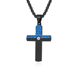Mens stainless steel cross necklace with blue pattern texture and black chain