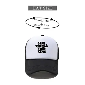 Size chart for black and white mesh trucker hat with Good Things Take Time text