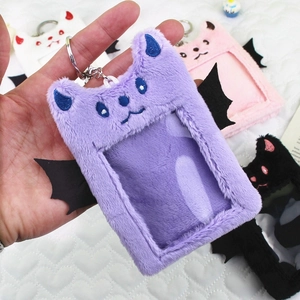 Plush purple bat wing photo card holder with cat embroidery and metal keychain attachment