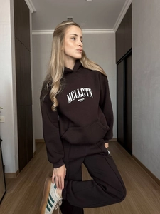 Dark brown oversized hoodie and jogger set with MCLLCTN print on casual fleece cotton