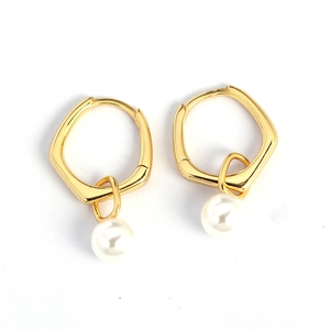 S925 silver irregular gold geometric hoop earrings with elegant white pearl pendants