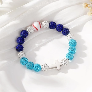 Detail of baseball bead bracelet with rhinestone balls and silver cross on silk