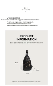 Detailed size chart showing height 31cm, width 18cm for the black pebbled leather chest bag