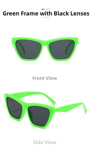 Detail of neon green cat eye sunglasses with dark grey lenses in front and side views
