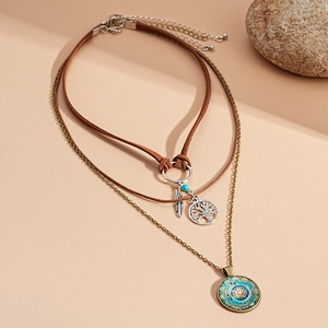 Collana Multistrato Boemia Lega Resina Cordino Velluto Marrone Albero Della Vita Piuma Mandala Ciondolo Gioielli Vintage Donne