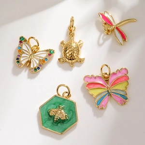 Colorful Copper Animal Pendants Enamel Rhinestone Charms Butterfly Turtle Dragonfly Bee DIY Jewelry Making Accessories