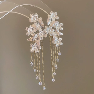 Detailed close-up of floral butterfly tassel earrings with crystal water drop pendants