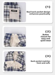 Detailed views of plaid pet shirt featuring back pocket and button closure for dogs