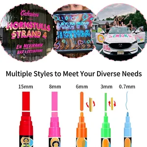 Five colored liquid chalk markers with nib sizes from 0.7mm to 15mm for LED glass boards