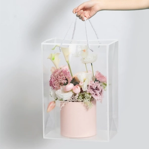 Close-up of a clear gift bag with handle showing pink flowers inside for gift scenarios