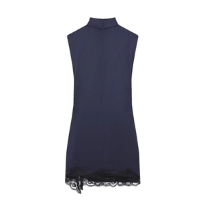 Robe courte sans manches à col montant bleu foncé avec dentelle et zip au dos