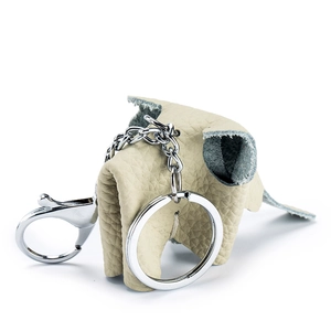 Handcrafted beige genuine leather elephant keychain with polished silver metal lobster clasp