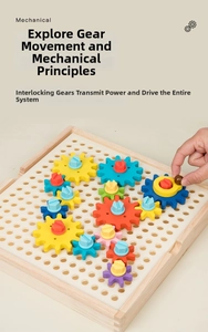 Detail of hand rotating colorful gears on a wooden Montessori learning board