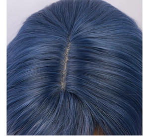 Detailed close-up of blue wig hairline showing natural parting and smooth fiber texture