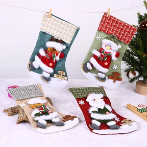 Large 3D cartoon Christmas stockings with Santa and elk hanging on festive rustic ropes