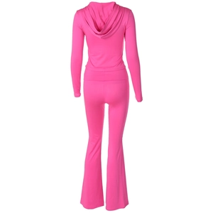 Rear view of vibrant pink zip hooded jacket and flared pants track suit set