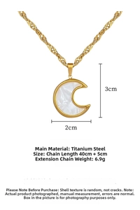 Detailed view of moon-shaped shell necklace in gold titanium steel with size markings