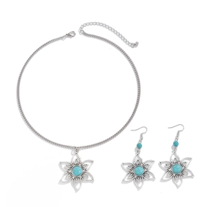 Vintage silver alloy jewelry set with turquoise lotus pendant necklace and earrings