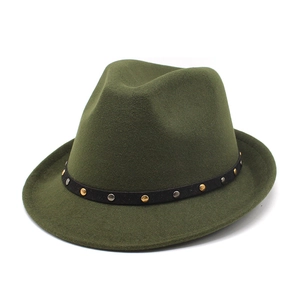 Olive green fedora wool felt hat for women with gold and silver studded leather band