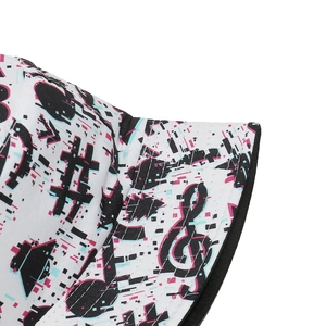 Detail shot of the summer bucket hat brim showing stitch lines and glitched music print
