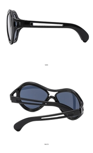 Detail view of fashion sunglasses showing side hollow temple and back frame design