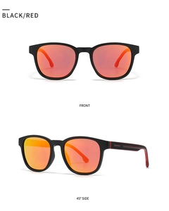 Front and side views of classic TR sunglasses with matte black frames and red mirror lenses